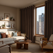Chocolate Brown Velvet Eyelet Blackout Curtains in a Living Room with Tan Walls
