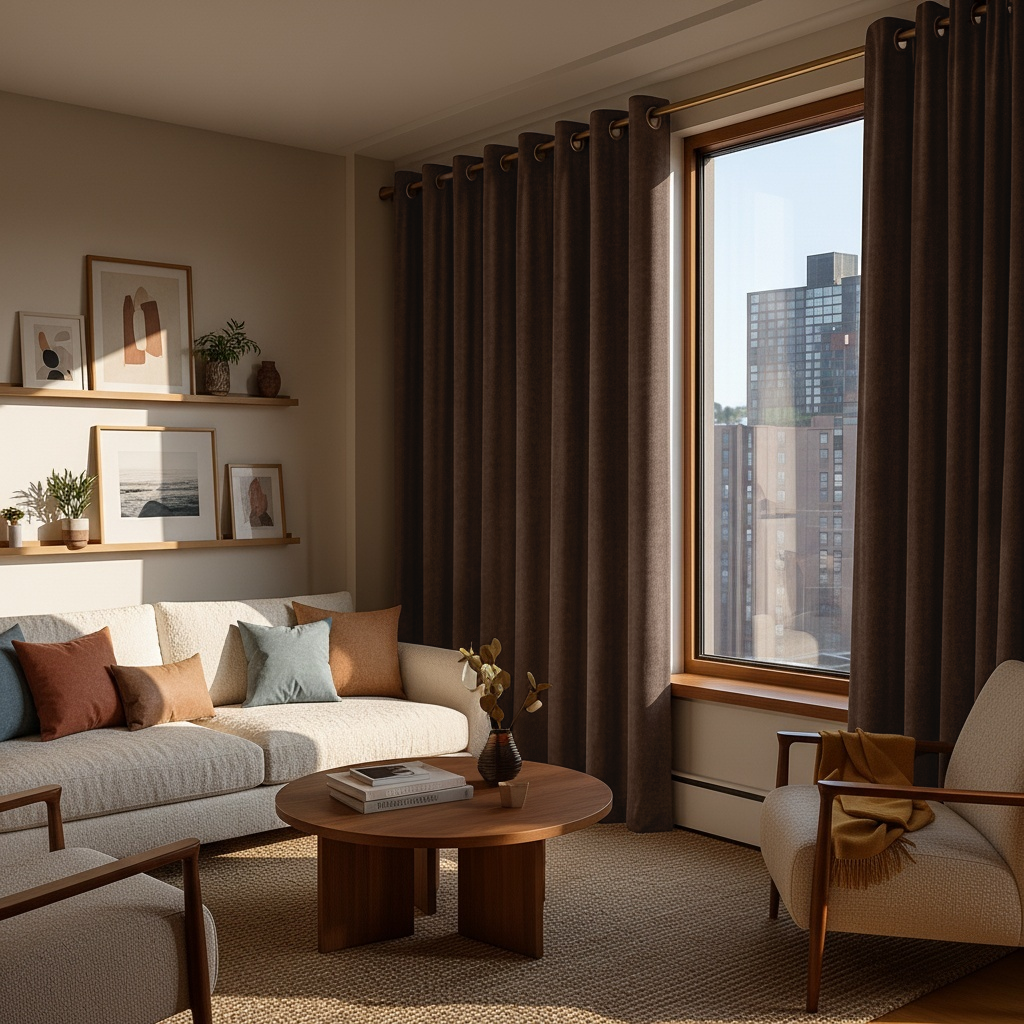 Chocolate Brown Velvet Eyelet Blackout Curtains in a Living Room with Tan Walls