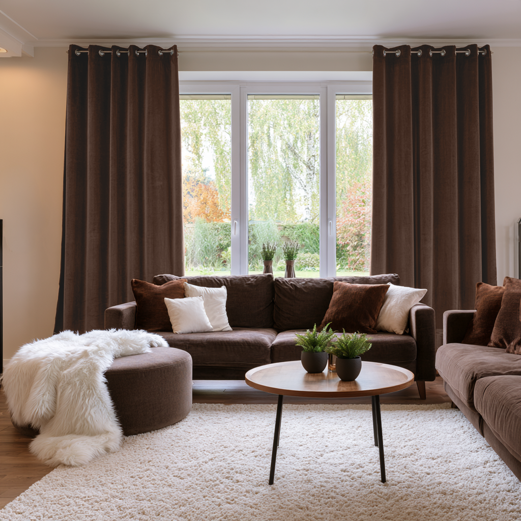 Chocolate Brown Velvet Eyelets Extra Long Curtains in a Contemporary Living Room with a Matching Dark Brown Sectional Sofa and a White Shag Rug