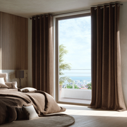 Chocolate Brown Velvet Eyelet Blackout Curtains for Sliding Doors in a Bedroom with Light Grey Walls