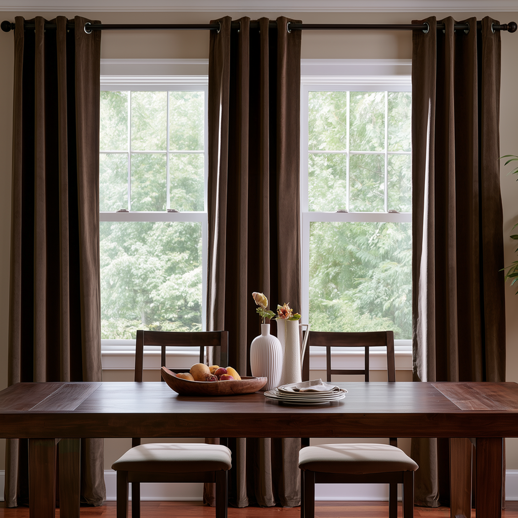 A pair of dark brown grommet curtains hanging on a black rod in front of two tall windows, shown in a dining room setting with a wooden table and chairs.