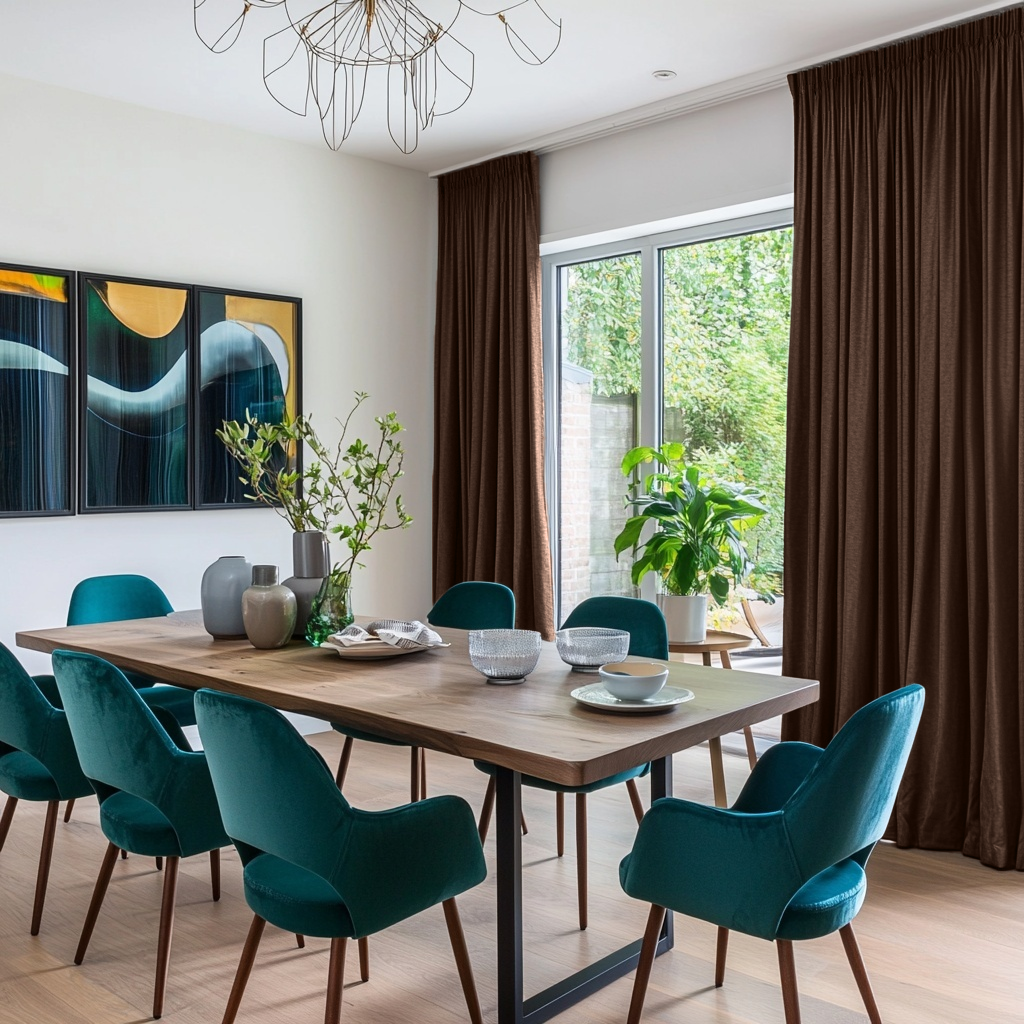 Chocolate Brown Velvet Pencil Pleat Blackout Curtains for Sliding Doors in a Dining Room with Bright White Walls