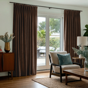 Chocolate Brown Velvet Pinch Pleat Blackout Curtains for Sliding Doors in a Living Room with White Walls