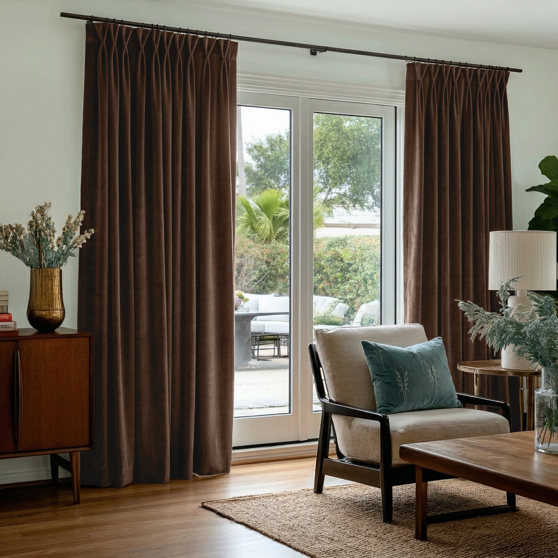 Chocolate Brown Velvet Pinch Pleat Blackout Curtains for Sliding Doors in a Living Room with White Walls