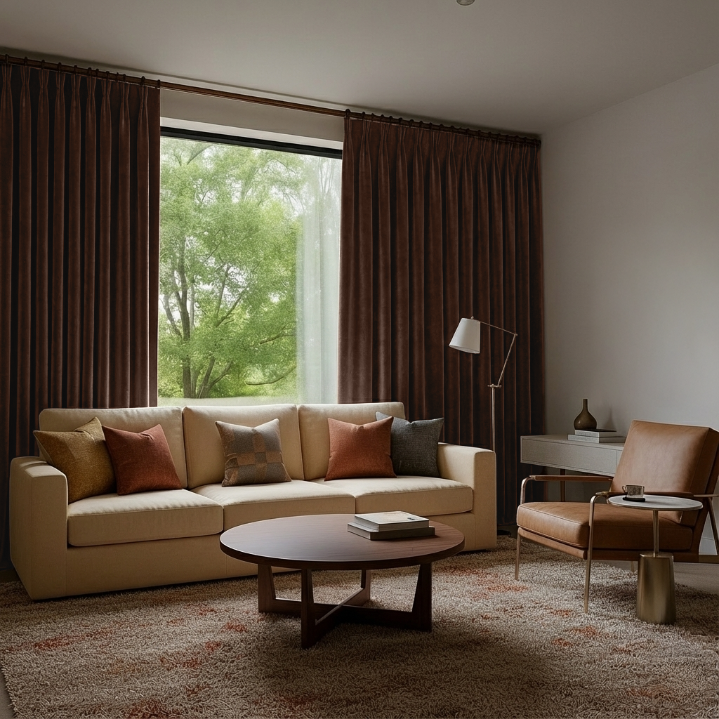 Chocolate Brown Velvet Pinch Pleat Blackout Curtains in a Living Room with Crisp White Walls