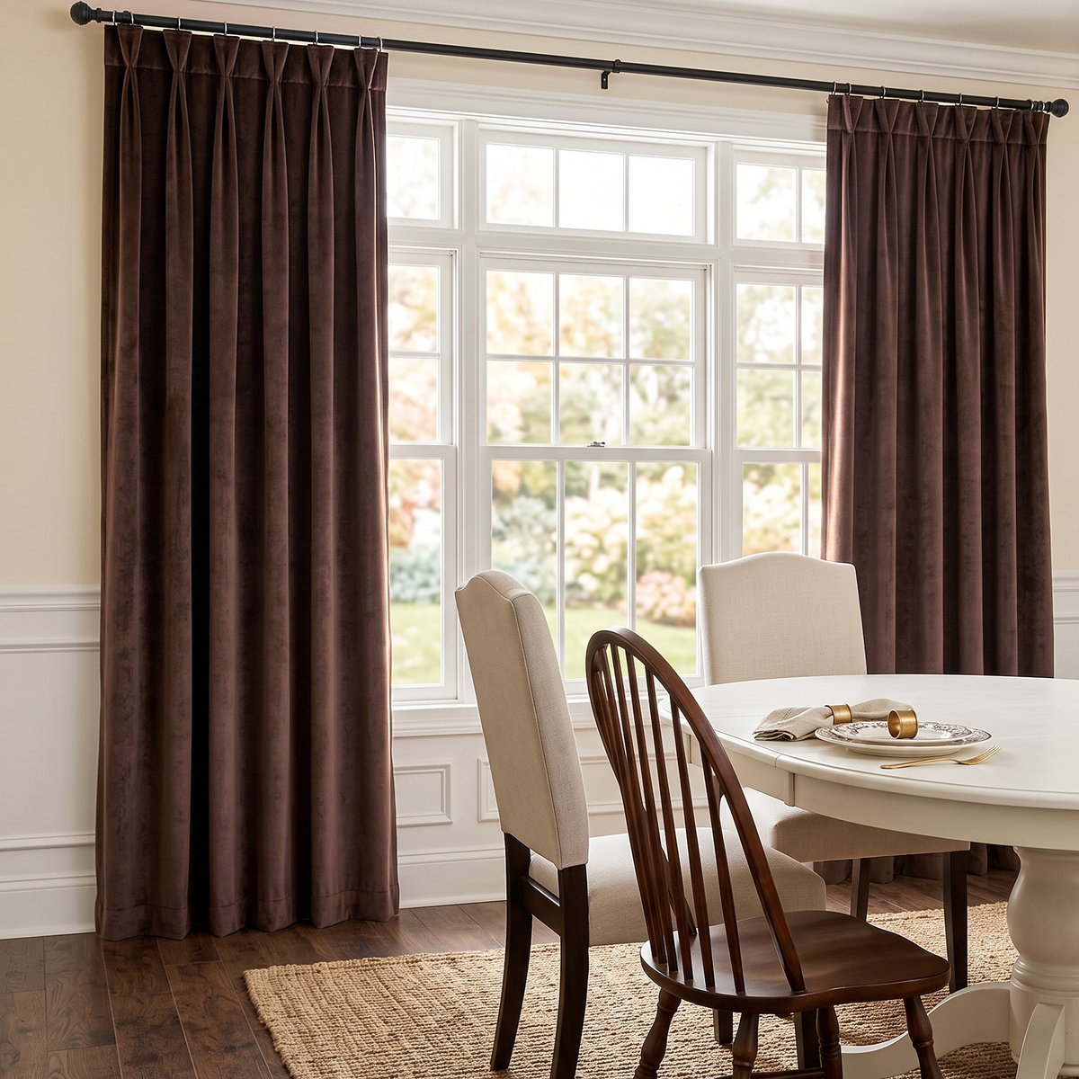A pair of long brown pleated window curtains hanging on a black rod in a bright dining room with a white table, chairs, and a large multi-pane window.