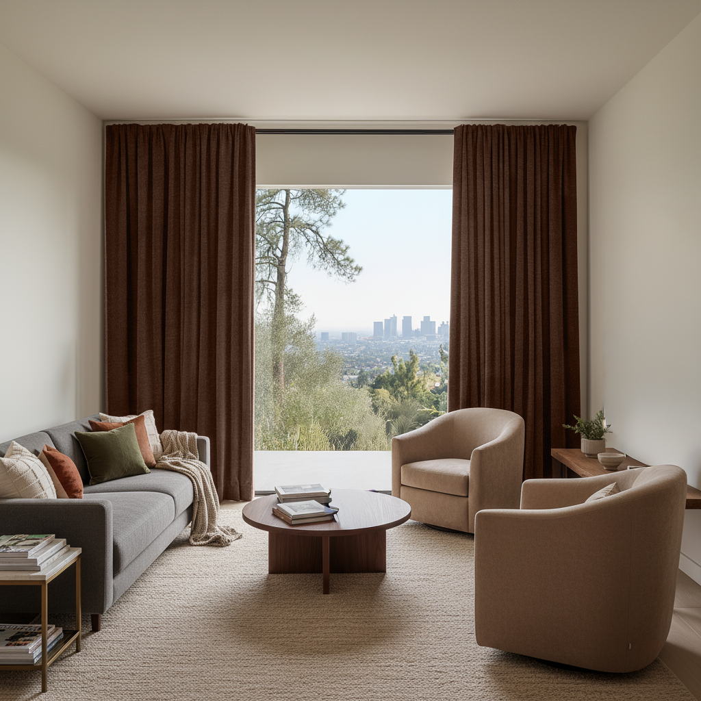 Chocolate Brown Velvet Rod Pocket Blackout Curtains in a Living Room with Cream Walls