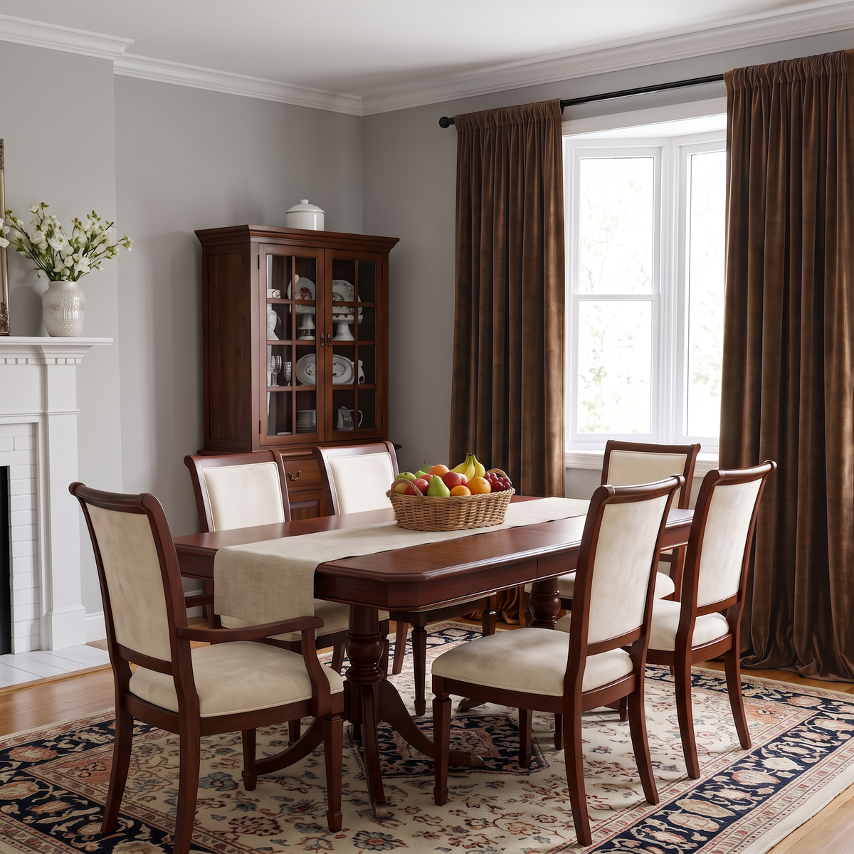 A dining room set featuring a dark wood rectangular table and six matching upholstered chairs with cream fabric, arranged on a patterned area rug in a styled room with brown curtains, a hutch, and a fireplace.