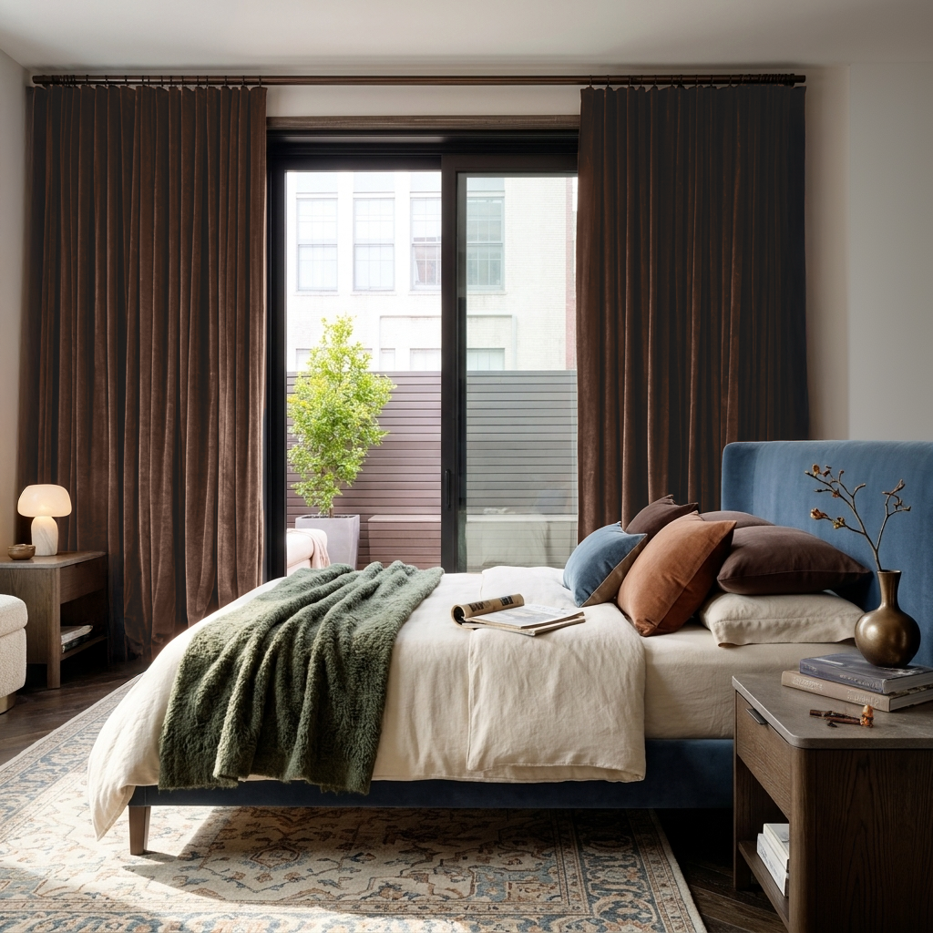 Chocolate Brown Velvet S-Fold Blackout Curtains for Sliding Doors in a Bedroom with Off-White Walls