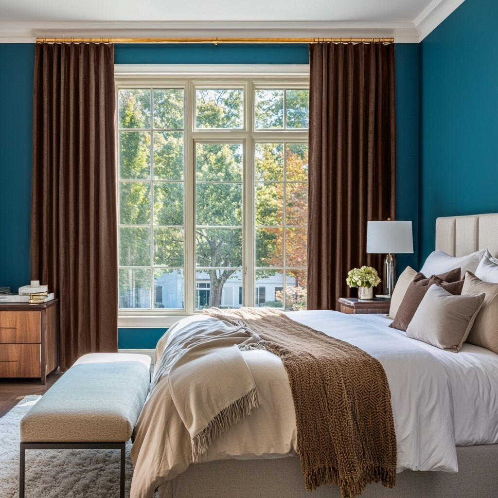 Chocolate Brown Velvet S-Fold Blackout Curtains in a Bedroom with Teal Blue Walls