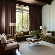 Chocolate Brown Velvet S-Fold Blackout Curtains in a Living Room with Light Grey Walls