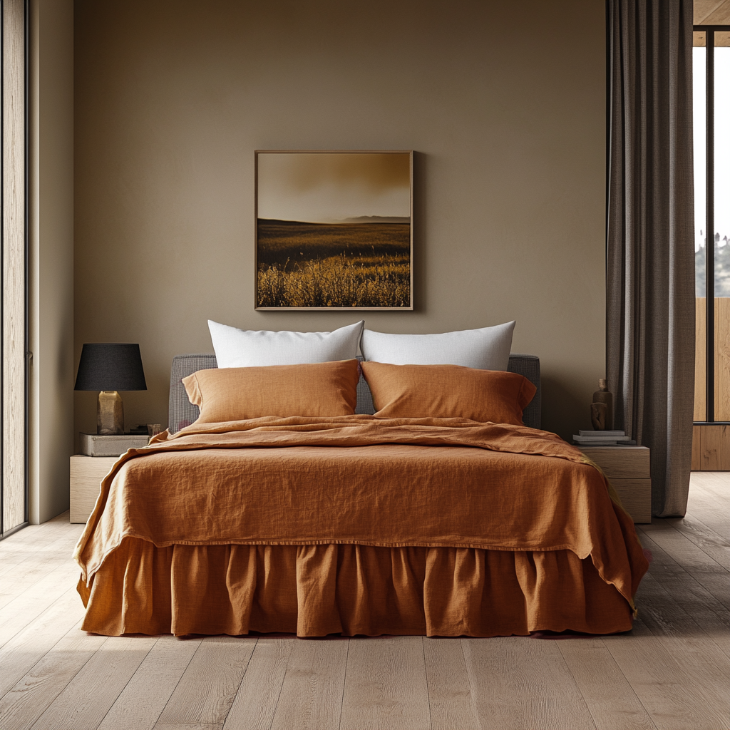 Clay Heavy Weight Linen Bed Skirt Valance with Gathered Ruffles