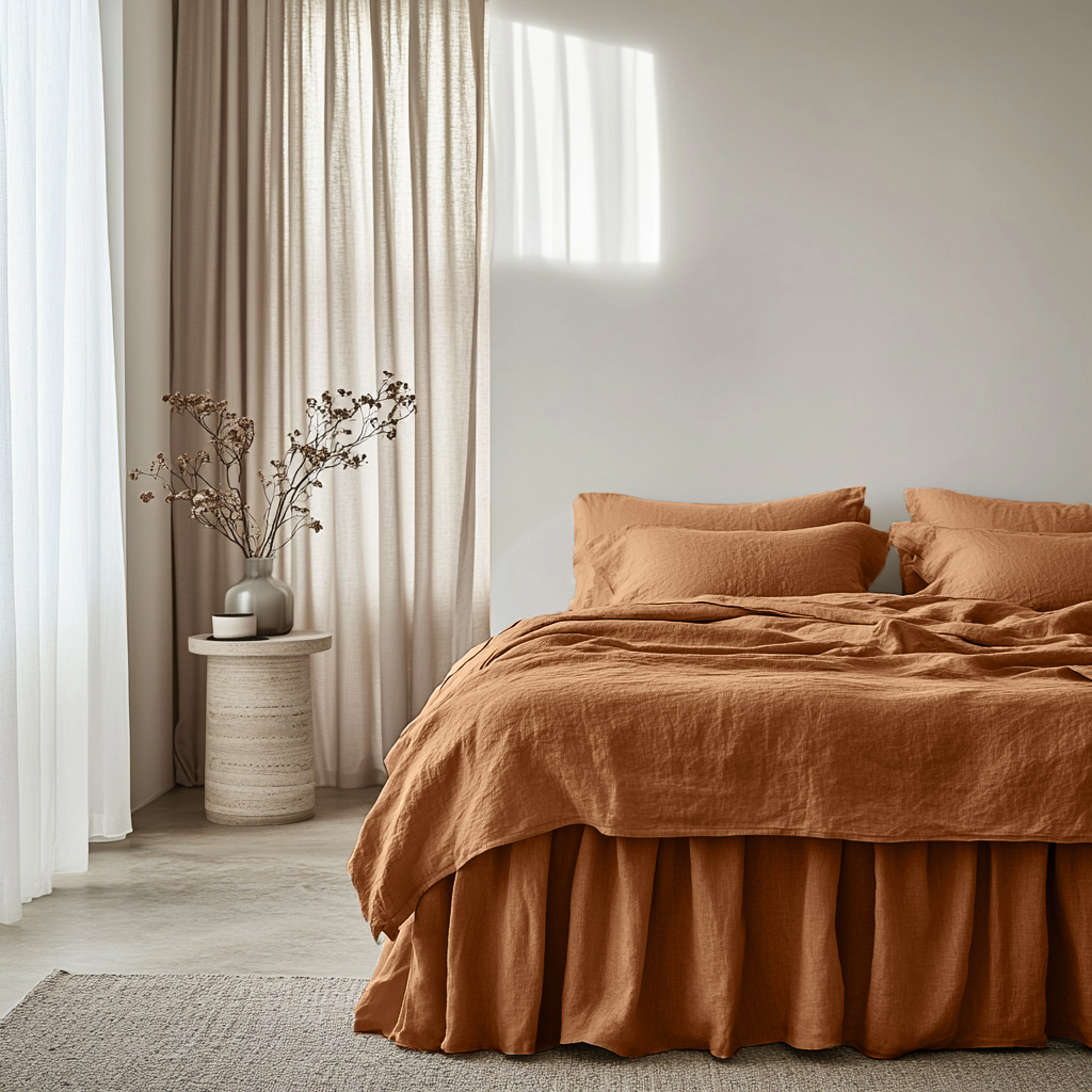 Clay Heavy Weight Linen Bed Skirt Valance with Gathered Ruffles