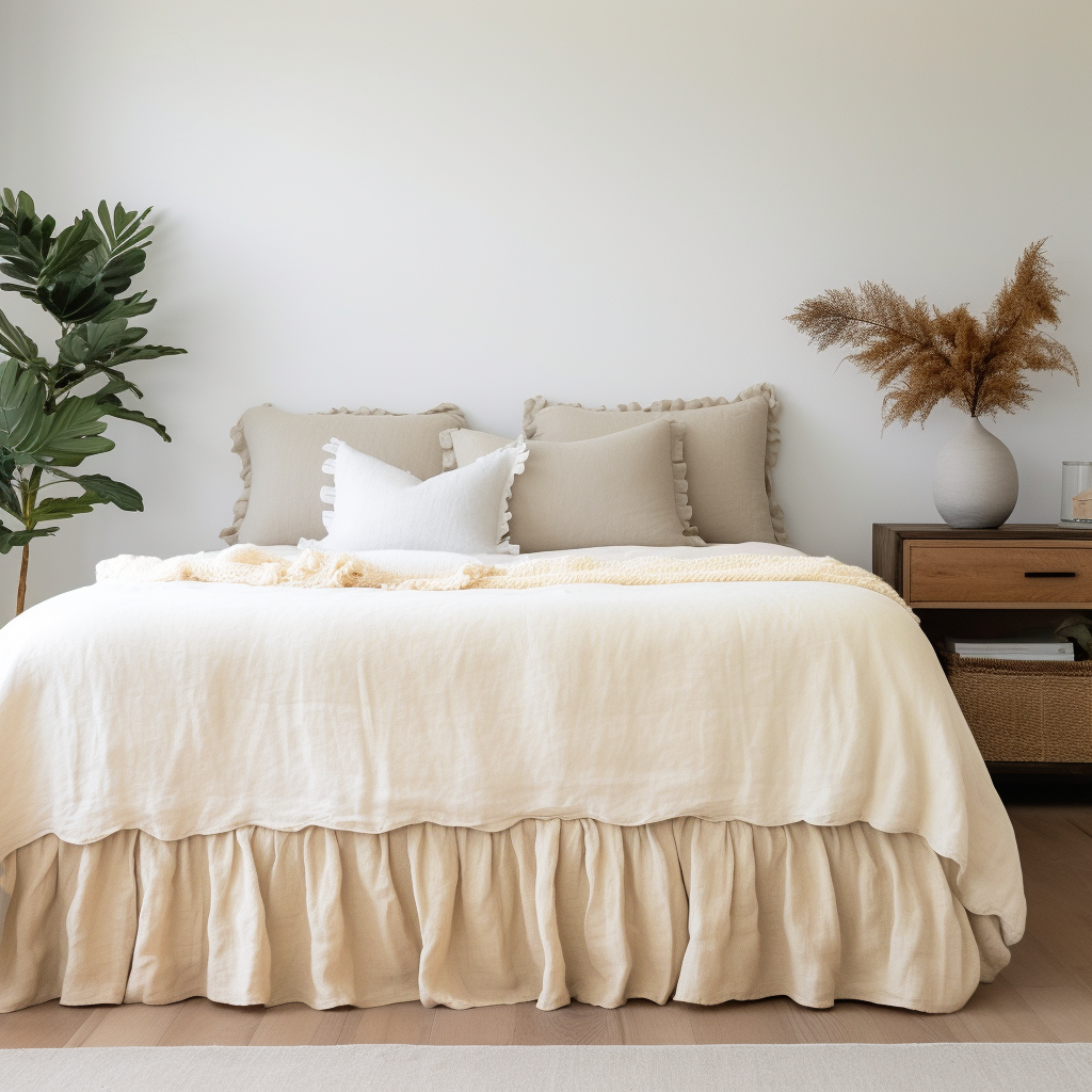 Cream Linen Bed Skirt Valance with Gathered Ruffles