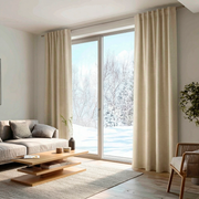 Cream Linen Back Tab Curtains for Bifold Doors in a Living Room with Off-White Walls - Blackout Lining
