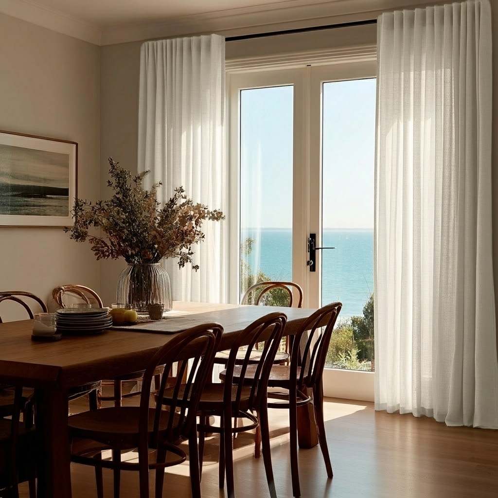 Cream Linen Back Tabs Dining Room Curtain in a Coastal Dining Room with Light Grey Walls and Wooden Bentwood Chairs Facing an Ocean View.
