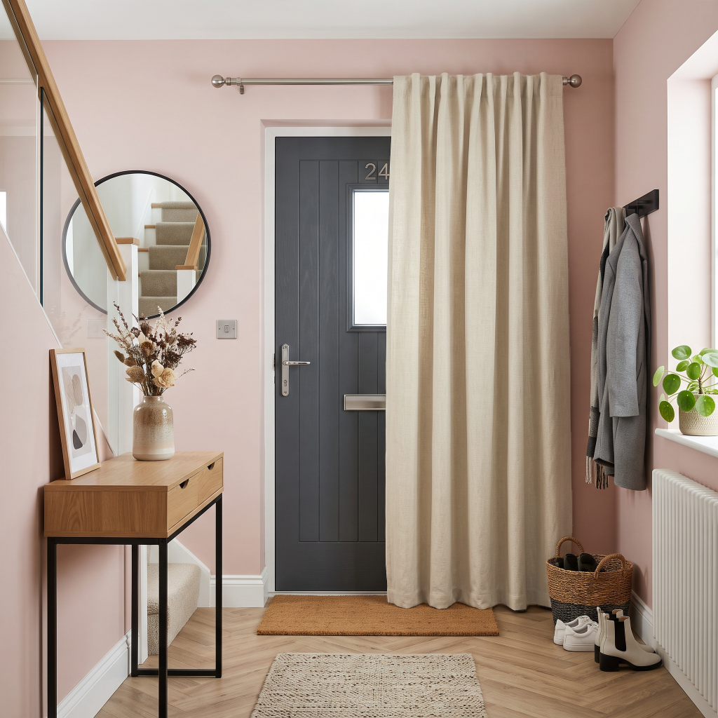 Thermal Door Curtains in a Hallway with Soft Pink Walls and a Dark Grey Front Door