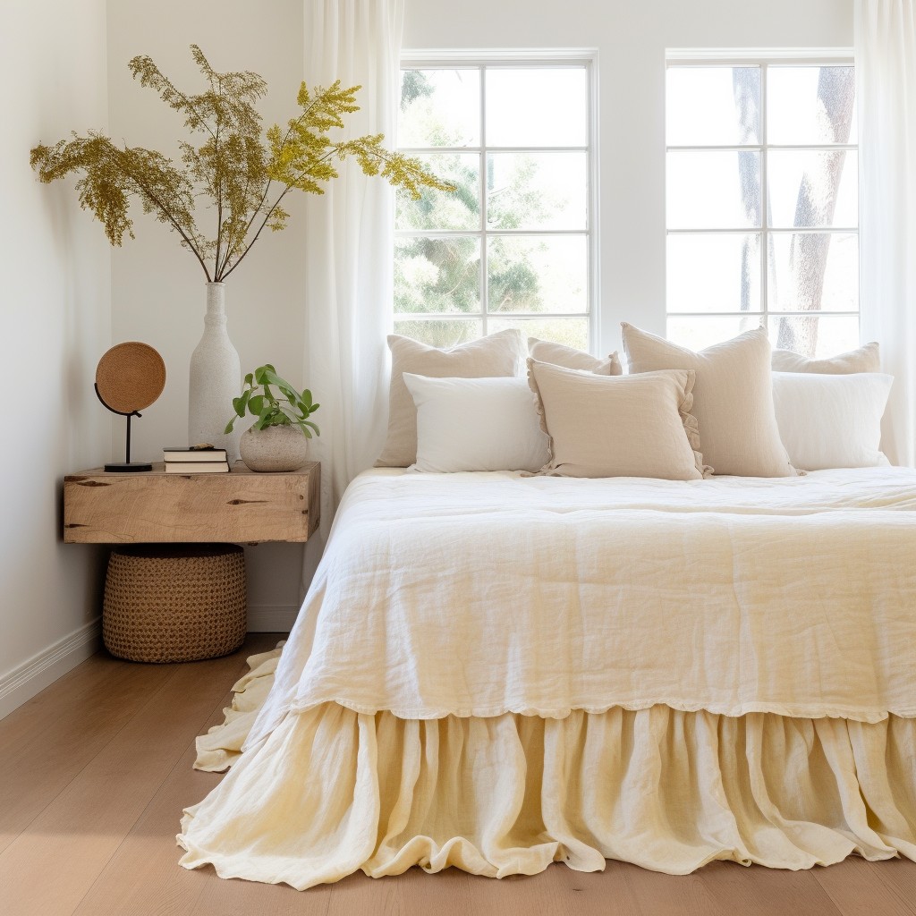 Cream Linen Bed Skirt Valance with Gathered Ruffles