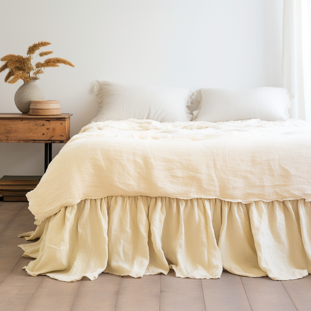 Cream Linen Bed Skirt Valance with Gathered Ruffles