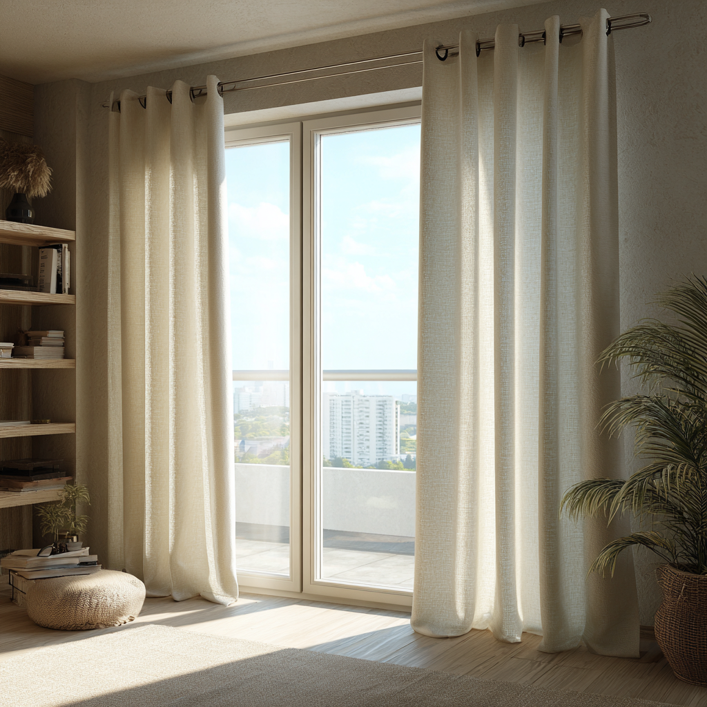 Cream Linen Eyelet Curtains for Bifold Doors in a Living Room with Off-White Walls - Cotton Lining