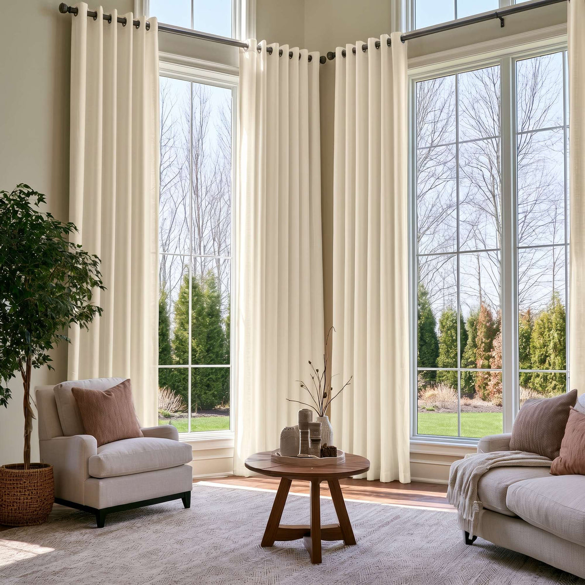 Cream Linen Eyelets Extra Long Curtains in a Contemporary Living Room with Tall Windows and Soft Neutral Furniture