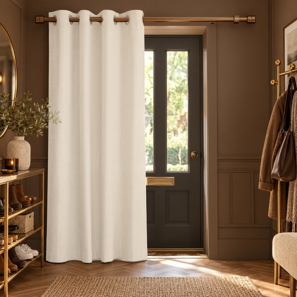Thermal Door Curtains in a Hallway with Rich Brown Walls and a Dark Grey Front Door