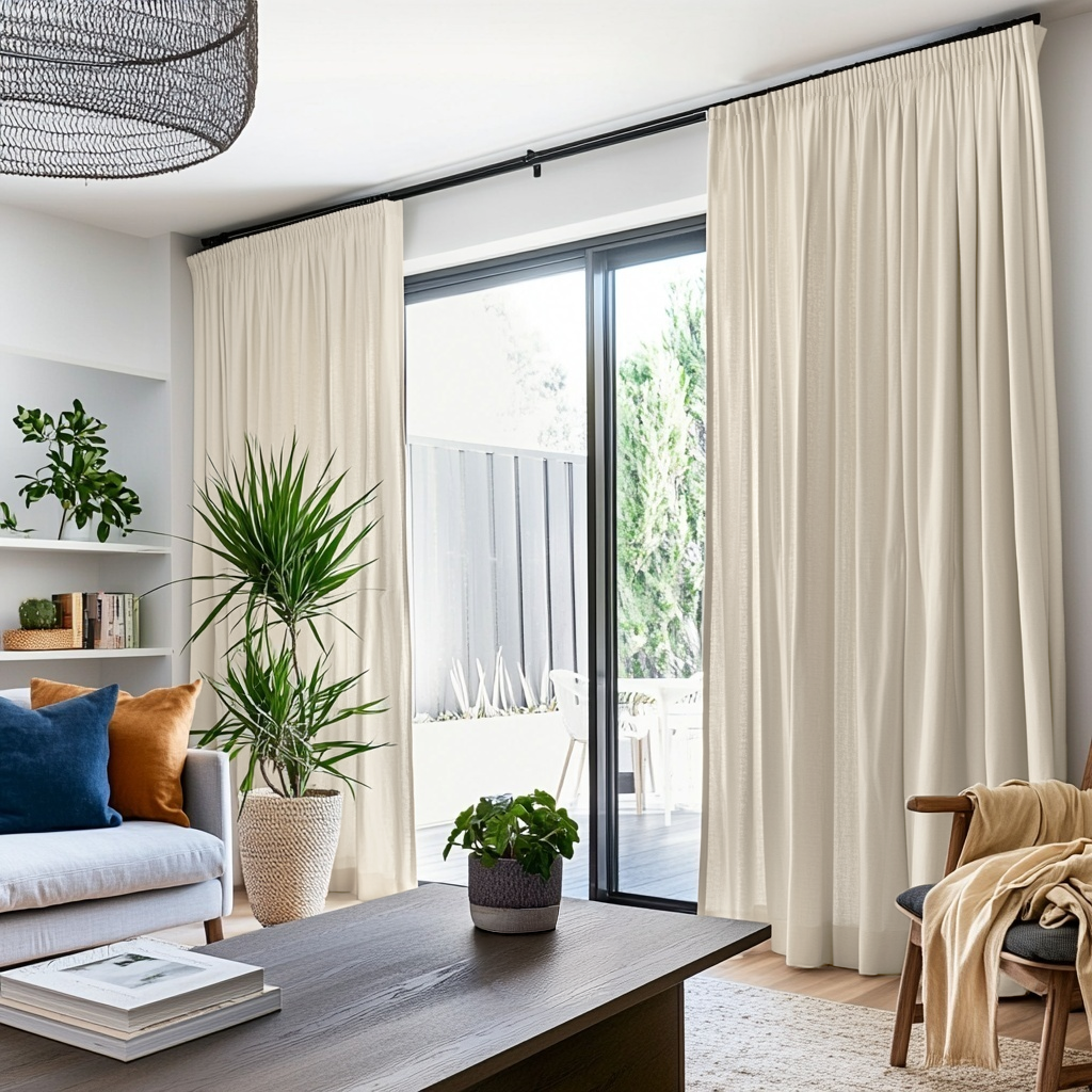 Cream Linen Pencil Pleat Curtains for Bifold Doors in a Living Room with Bright White Walls - Cotton Lining
