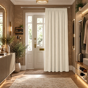 Thermal Door Curtains in a Hallway with Warm Taupe Walls and an Off-White Front Door