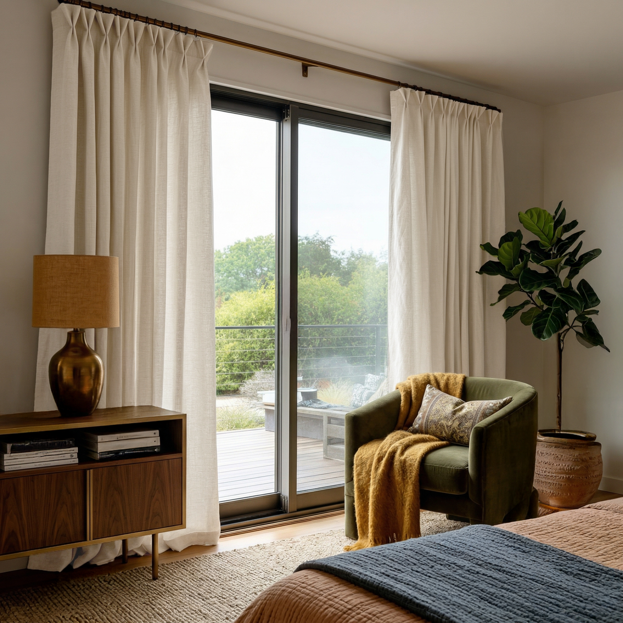 Cream Linen Pinch Pleat Curtains for Bifold Doors in a Bedroom with Beige Walls - Cotton Lining