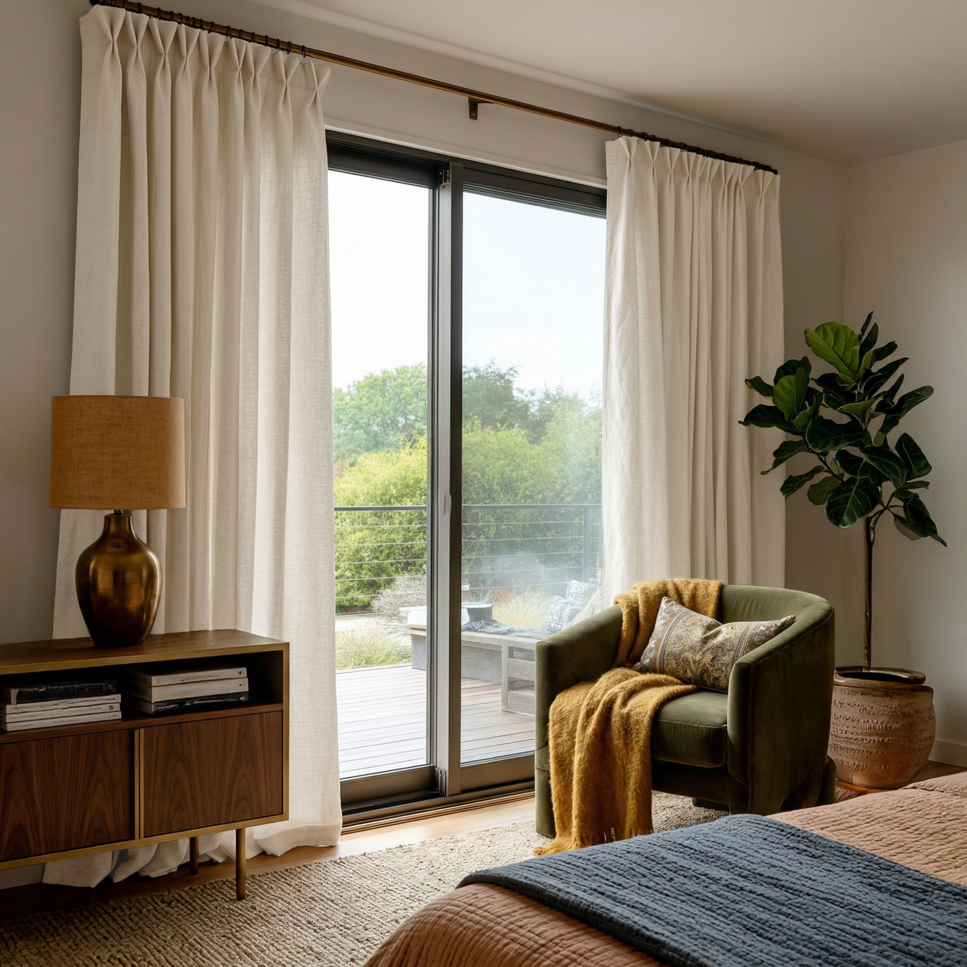 Cream Linen Pinch Pleat Curtains for Bifold Doors in a Bedroom with Beige Walls - Cotton Lining