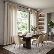 Cream Linen Rod Pocket Dining Room Curtain in an Elegant Dining Room with Textured Grey Walls and a Dark Wood Table Accompanied by Cream Leather Chairs - Cotton Lining