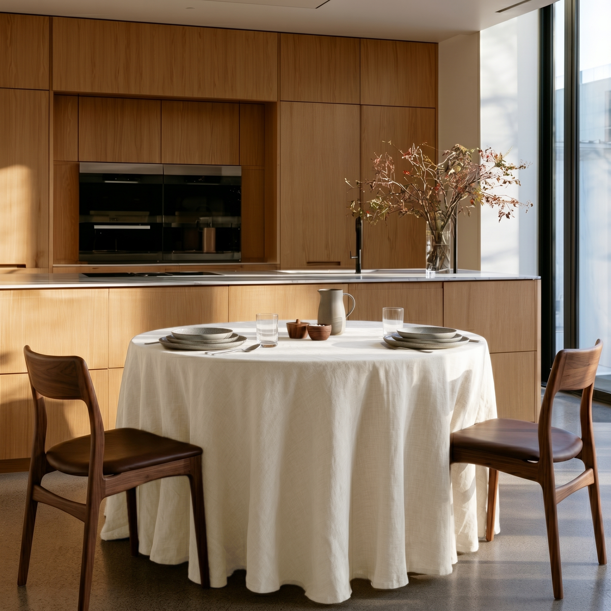 Cream Linen Round Tablecloth in a Modern Kitchen Dining Nook with Warm Oak Cabinetry and Brown Leather Chairs
