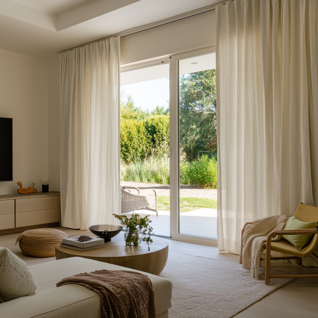 Cream Linen S-Fold Curtains for Bifold Doors in a Living Room with Beige Walls