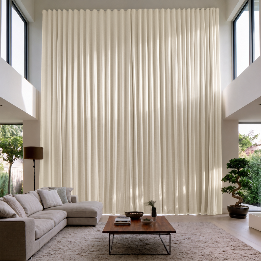Cream Linen S-Fold Extra Long Curtains in a Modern Organic Living Room with Floor-to-Ceiling Windows and Sculptural Neutral Furniture