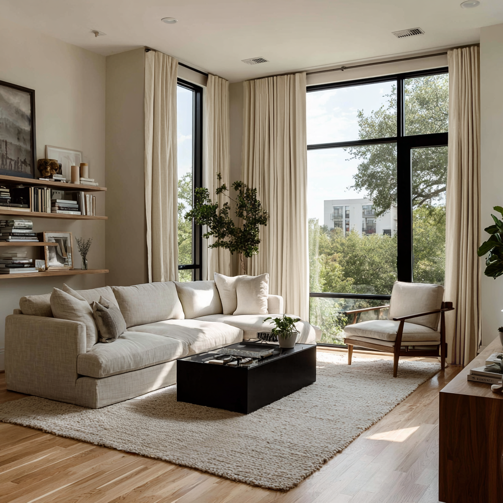 Cream Linen Soundproof Curtains with Multitape