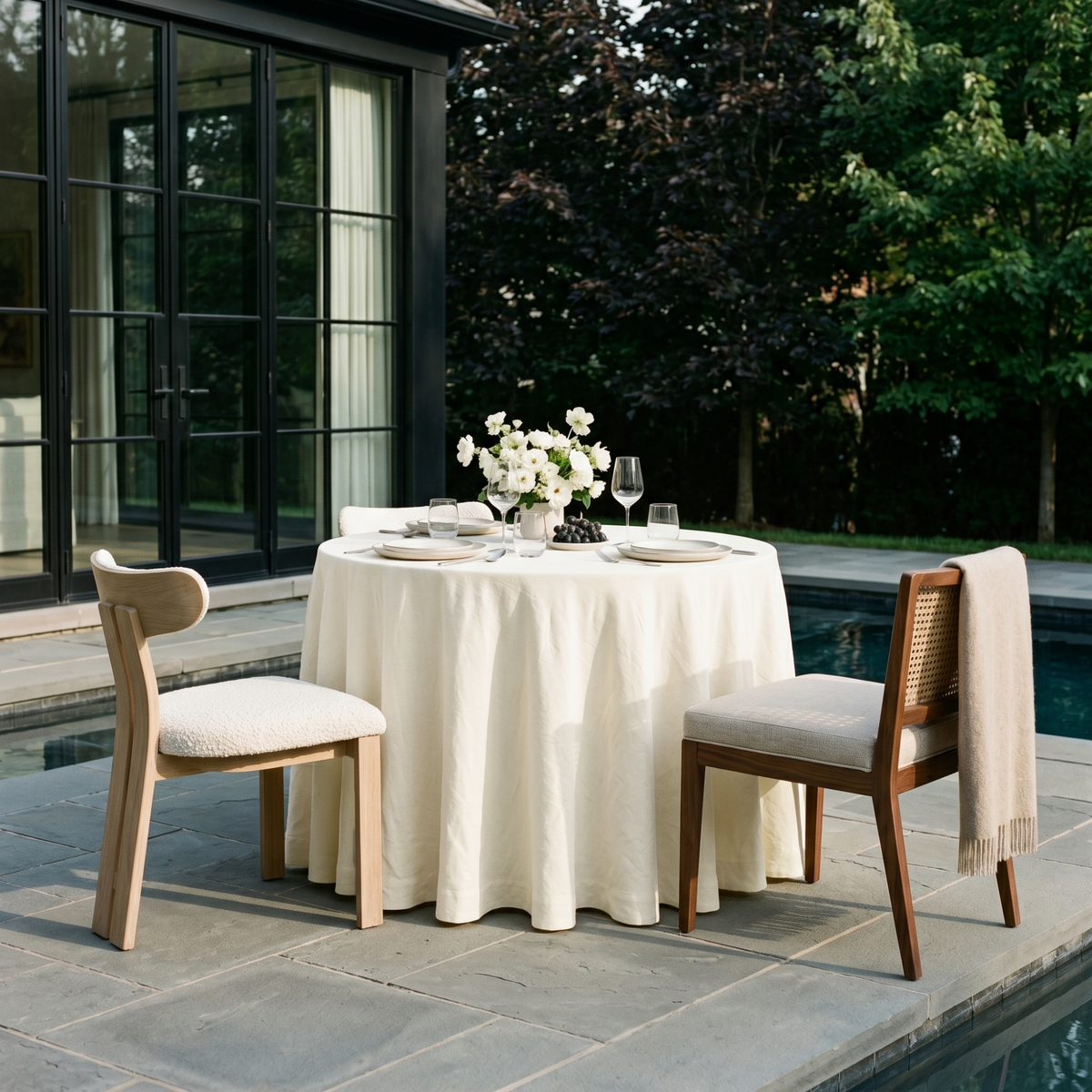 Cream Linen Round Tablecloth in an Outdoor Poolside Dining Setting