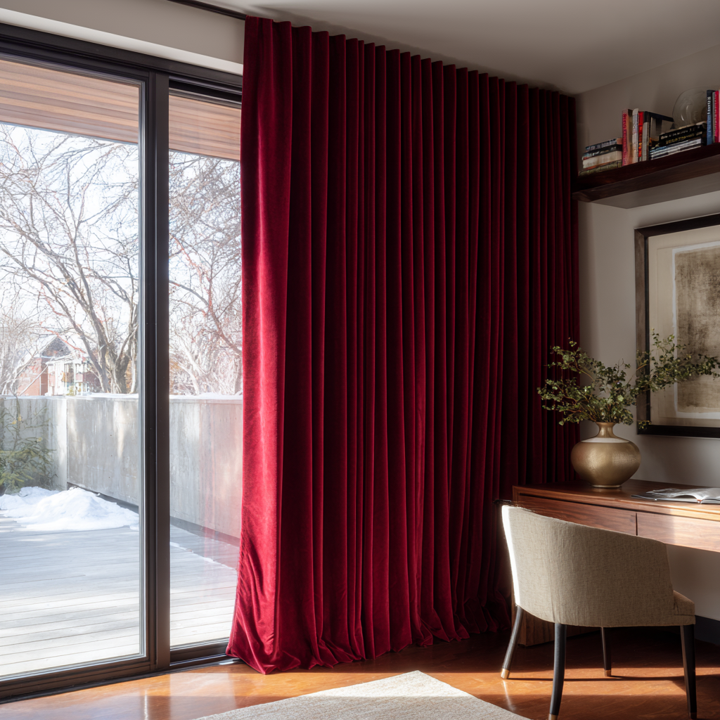 Dark Deep Red Velvet Back Tab Blackout Curtains for Bifold Doors in a Living Room with Beige Walls