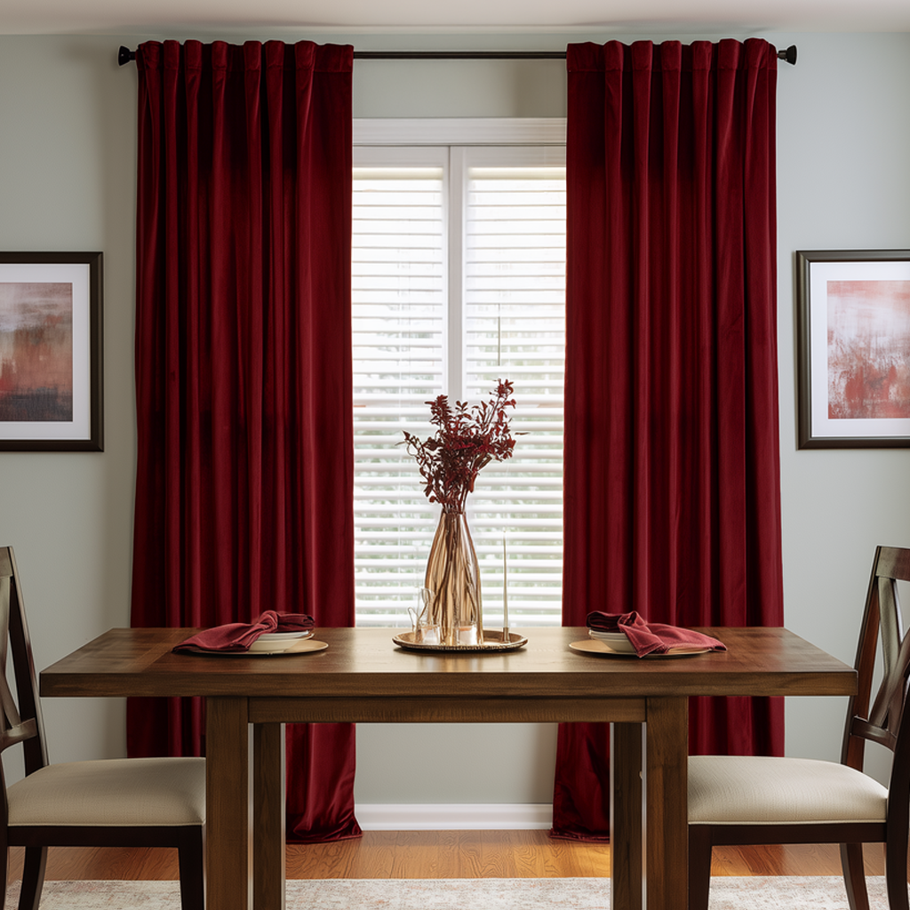 Elegant dining room with deep red curtains, wooden furniture, and warm accents