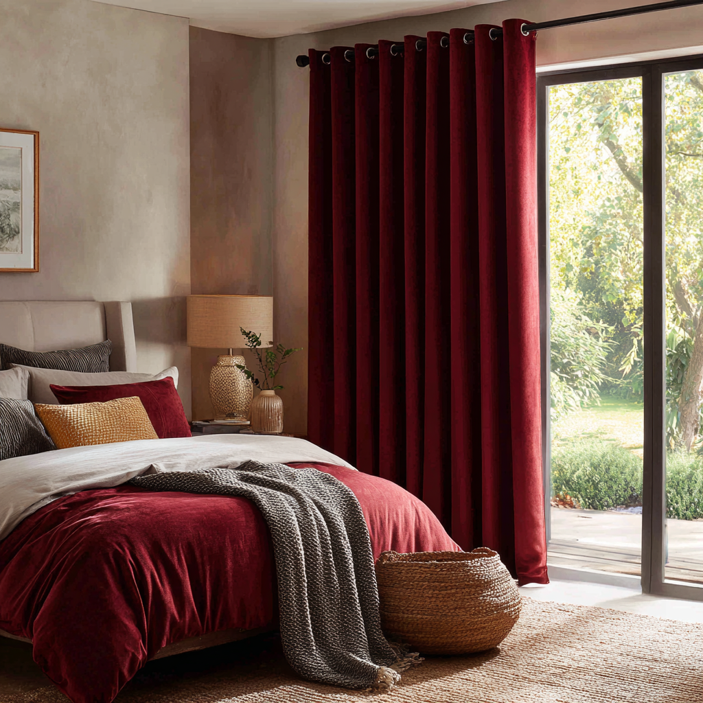 Dark Deep Red Velvet Eyelet Blackout Curtains for Bifold Doors in a Bedroom with Beige Walls