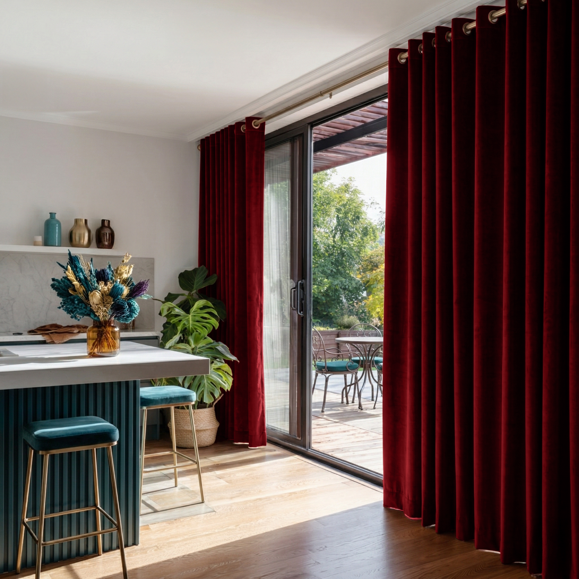 Dark Deep Red Velvet Grommet Blackout Curtains for Sliding Doors in a Kitchen with Off-White Walls