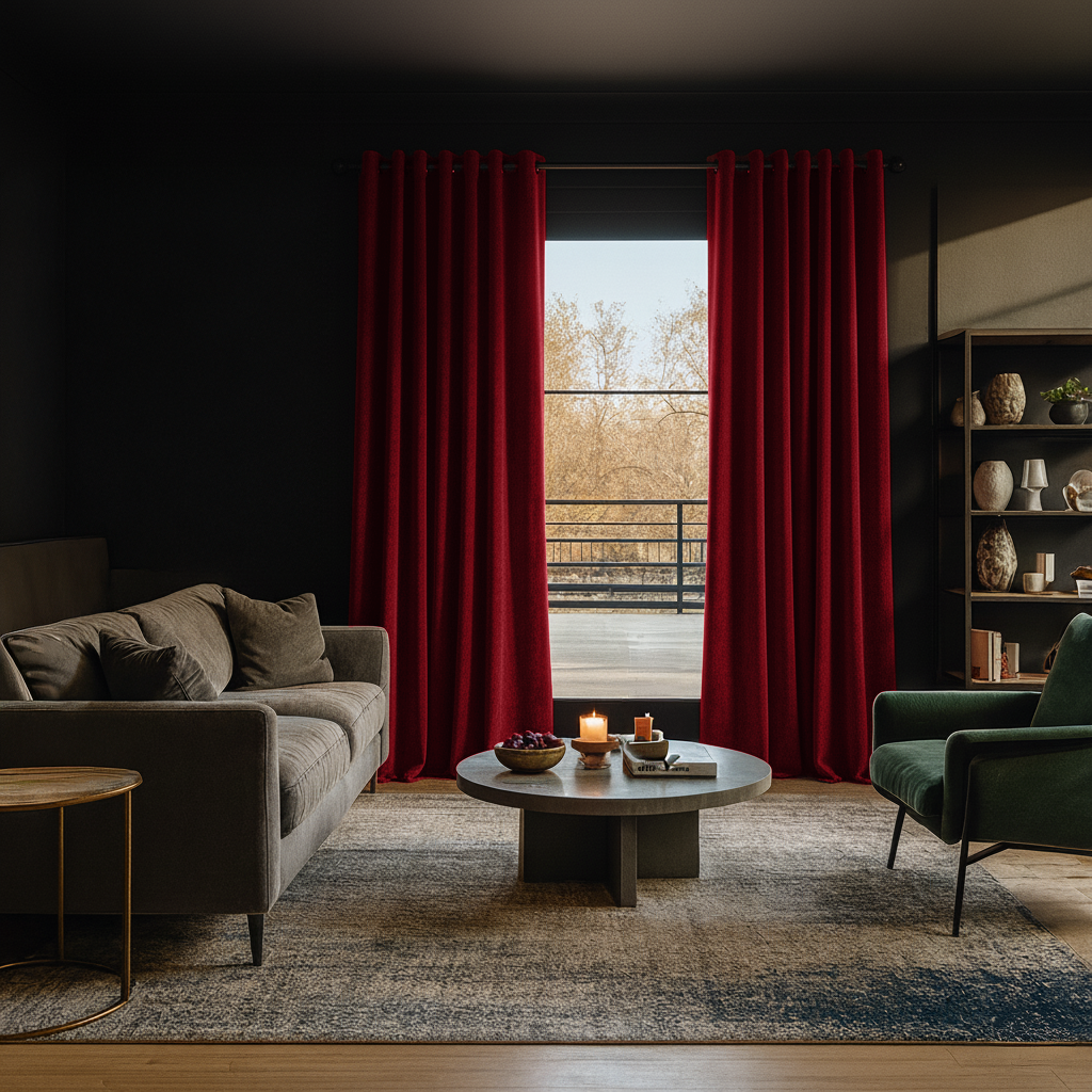 Dark Deep Red Velvet Eyelet Blackout Curtains in a Living Room with Black Walls