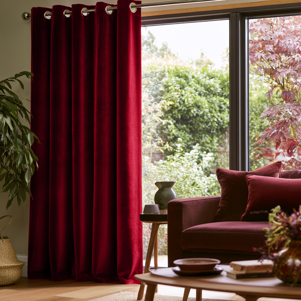 Dark Deep Red Velvet Eyelets Extra Long Curtains in a Cozy Contemporary Living Room with Garden View and Large Windows