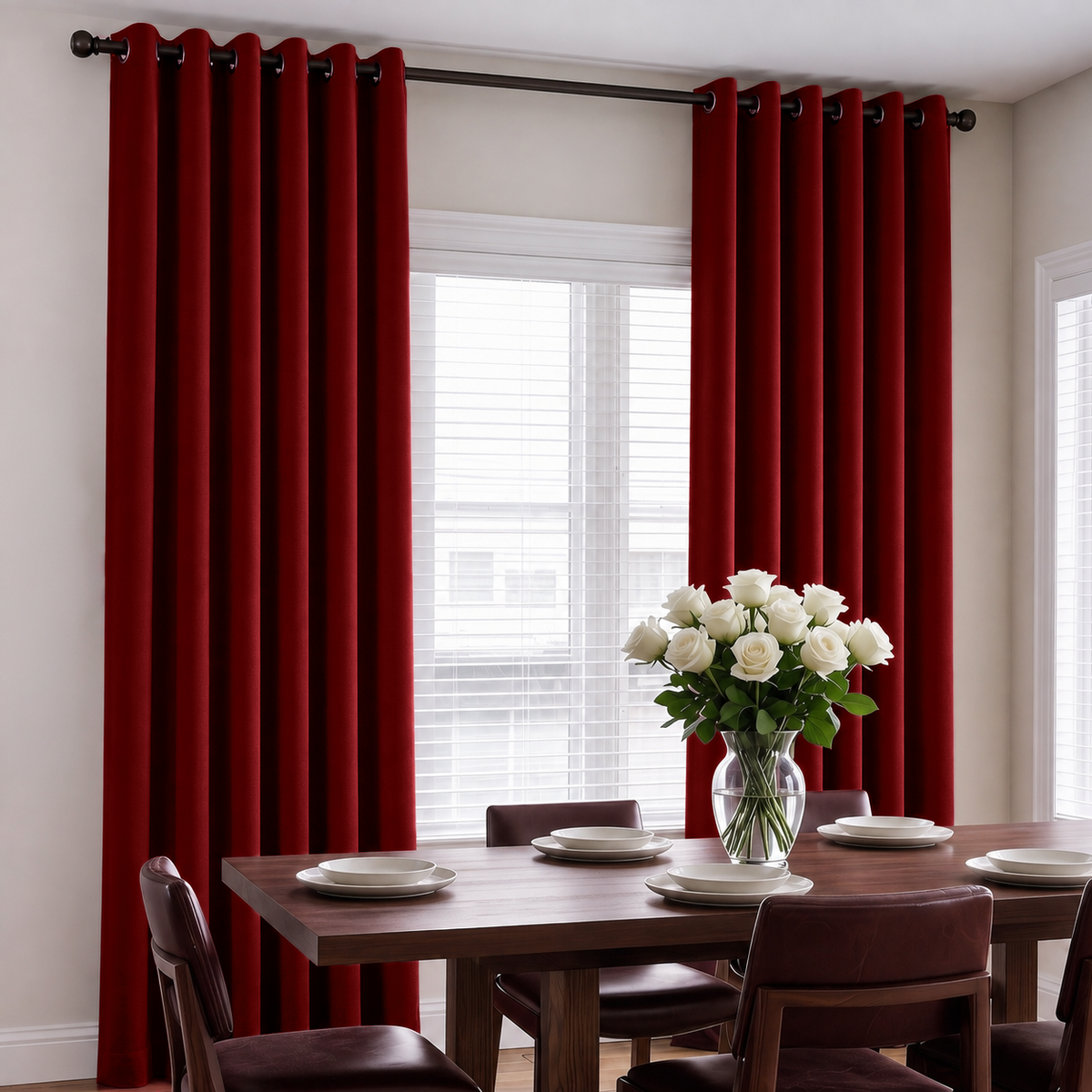 A pair of deep red grommet curtains hanging on a black rod over a window in a dining room setting with a wooden table, chairs, and a vase of white roses