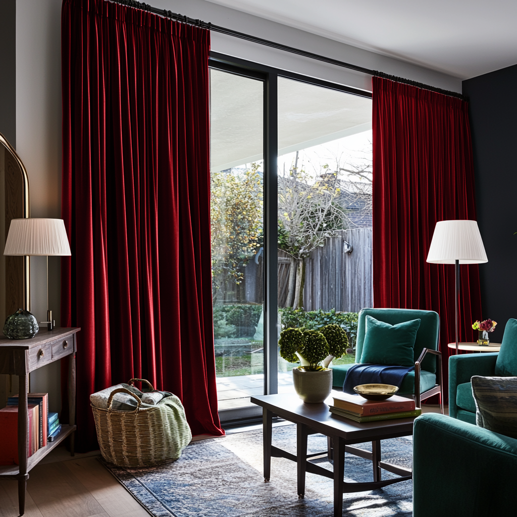 Dark Deep Red Velvet Pencil Pleat Blackout Curtains for Bifold Doors in a Living Room with Charcoal Walls