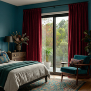 Dark Deep Red Velvet Pinch Pleat Blackout Curtains for Bifold Doors in a Bedroom with Teal Walls