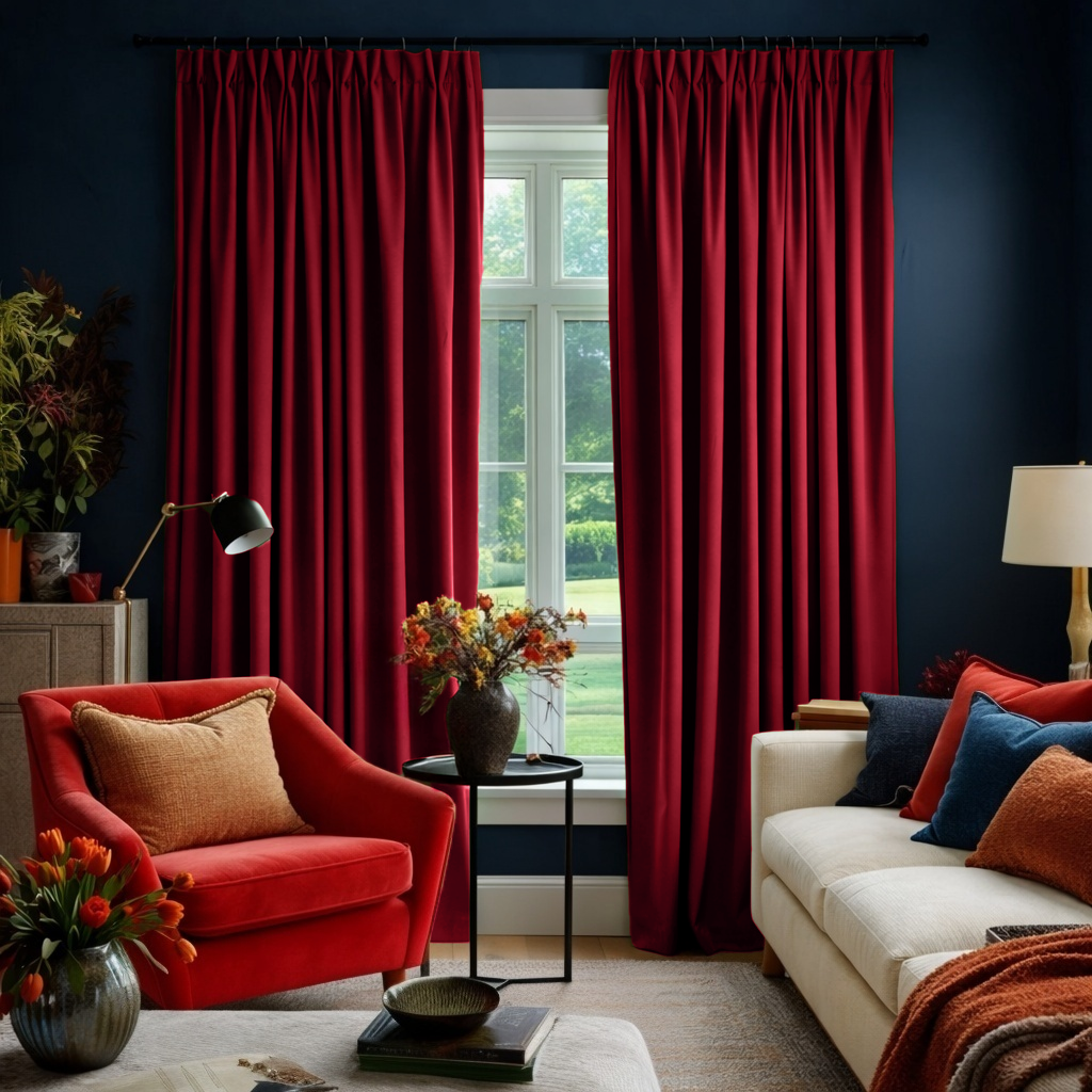 Dark Deep Red Velvet Pinch Pleat Blackout Curtains in a Living Room with Navy Blue Walls