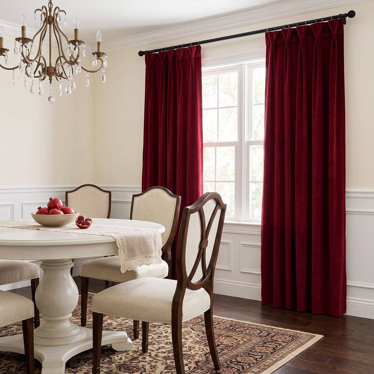 Deep burgundy velvet window curtains hanging on a black rod in a dining room setting with a white table, wooden chairs, and a patterned rug