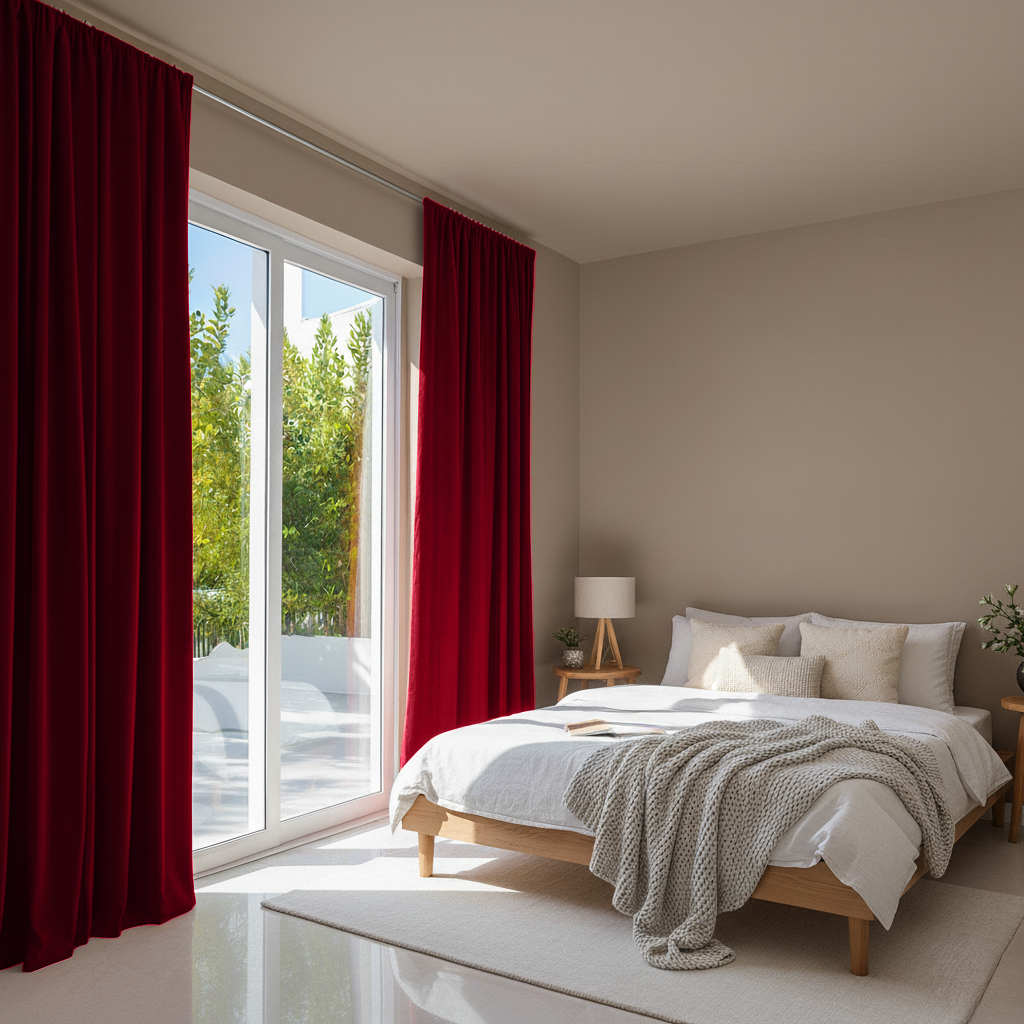 Dark Deep Red Velvet Rod Pocket Blackout Curtains in a Bedroom with Taupe Walls