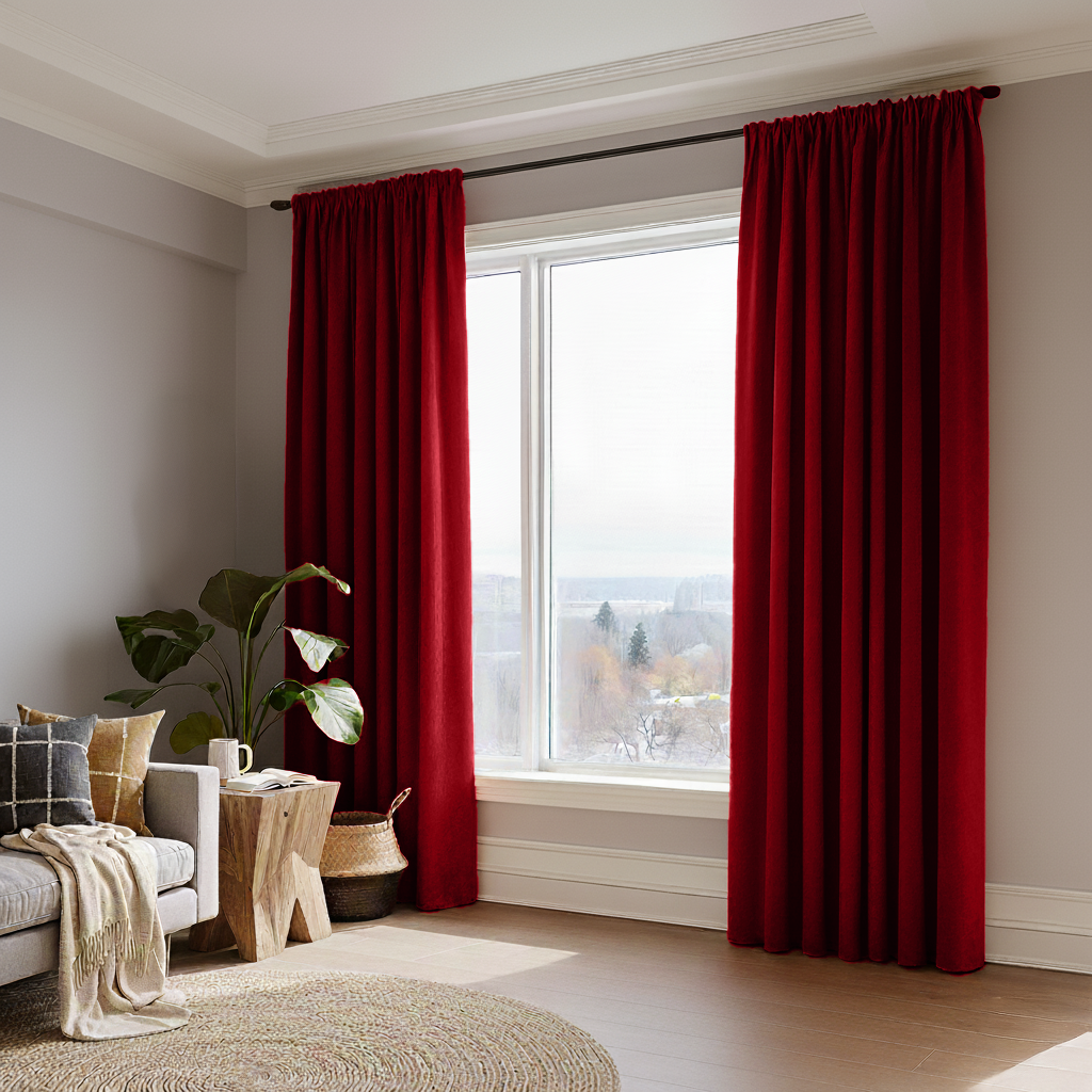Dark Deep Red Velvet Rod Pocket Blackout Curtains in a Living Room with Grey Walls