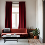 Dark Deep Red Velvet Rod Pocket Blackout Curtains in a Living Room with White Walls
